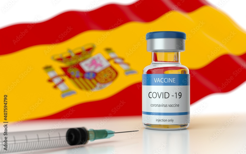 COVID 19 Vaccine approved and launched in Spain. Corona Virus SARS CoV 2, 2021 nCoV vaccine delivery. Spain flag on background and vaccine bottle. 3D illustration COVID 19 Vaccine approved and launched in Spain. Corona Virus SARS CoV 2, 2021 nCoV vaccine delivery. Spain flag on background and vaccine bottle. 3D illustration