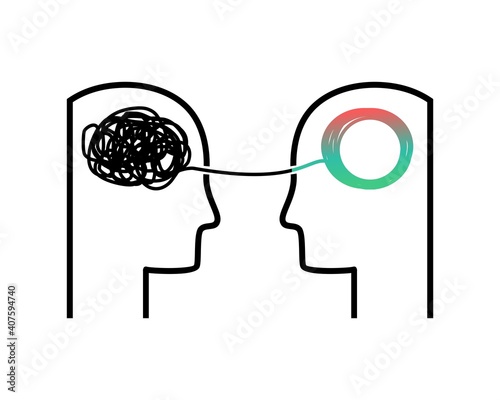 Silhouette therapist and patient. Two humans head psycho therapy concept. Tangle and untangle, problems solution. Illustration vector