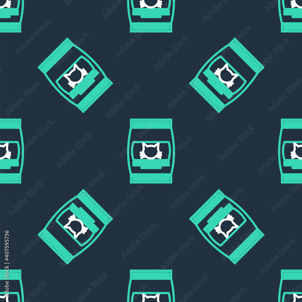Line Bag of food for cat icon isolated seamless pattern on black background. Food for animals. Pet food package. Vector. Line Bag of food for cat icon isolated seamless pattern on black background. Food for animals. Pet food package. Vector.