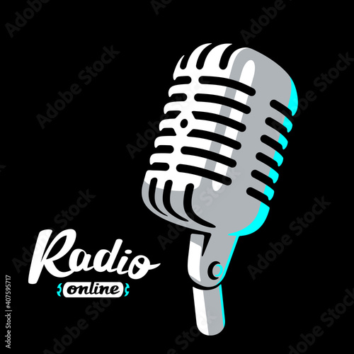 Retro radio microphone on white background logo. Mic silhouette sign. Music, voice, record icon. Recording studio symbol. Flat stye vector illustration