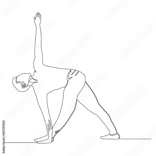 Continuous line of man doing Yoga in Revolved Triangle pose vector. Yoga exercise.