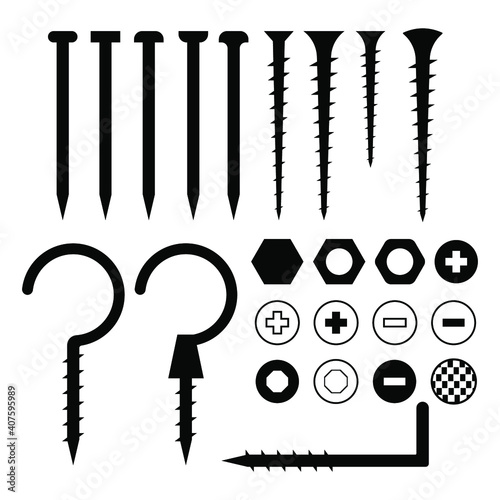 Nails screws and self-tapping screws black on a white background, vector illustration