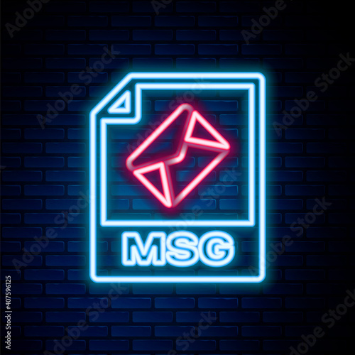 Glowing neon line MSG file document. Download msg button icon isolated on brick wall background. MSG file symbol. Colorful outline concept. Vector.