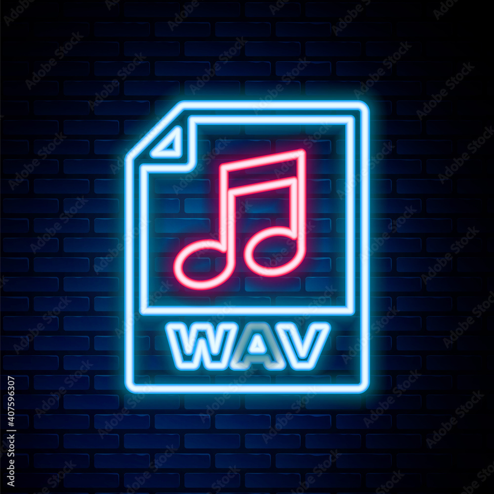Glowing neon line WAV file document. Download wav button icon isolated on brick wall background. WAV waveform audio file format for digital audio riff files. Colorful outline concept. Vector. Glowing neon line WAV file document. Download wav button icon isolated on brick wall background. WAV waveform audio file format for digital audio riff files. Colorful outline concept. Vector.