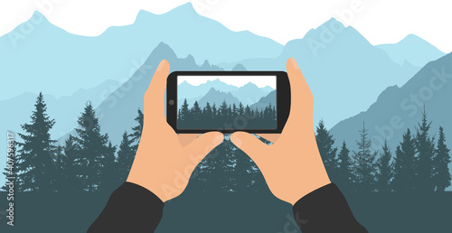 Male hands holding smartphone and taking photo of beautiful landscape of forest on background of mountains.Screen of mobile phone. Landscape photo shooting. Vector illustration.