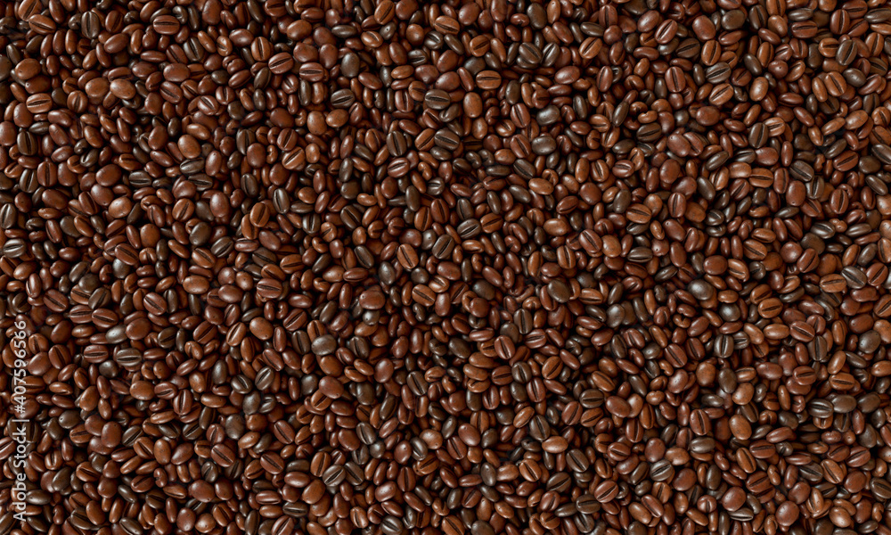 Freshly roasted coffee beans background. 3D rendering illustration.