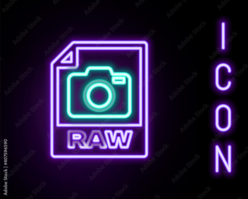 Glowing neon line RAW file document. Download raw button icon isolated on black background. RAW file symbol. Colorful outline concept. Vector. Glowing neon line RAW file document. Download raw button icon isolated on black background. RAW file symbol. Colorful outline concept. Vector.