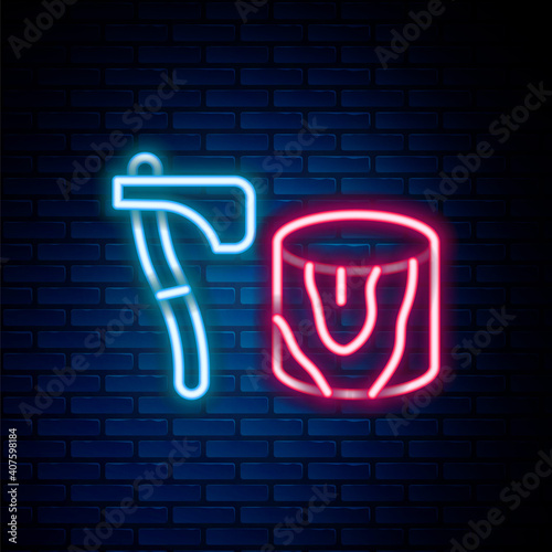Glowing neon line Wooden axe in stump icon isolated on brick wall background. Lumberjack axe. Axe stuck in wood. Chopping wood. Colorful outline concept. Vector.