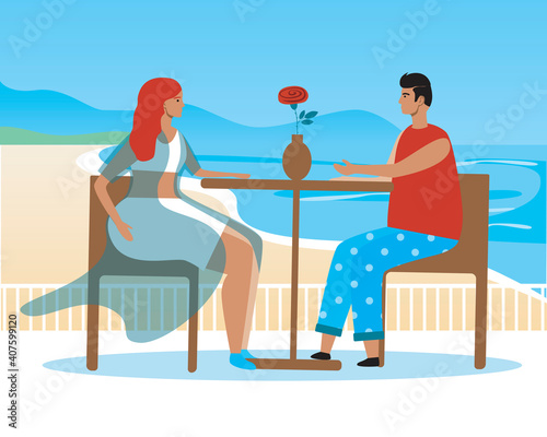 Man and woman on vacation, honeymoon of young couple, flat vector stock illustration as concept of romantic dinner, date, vacation, sea, ocean