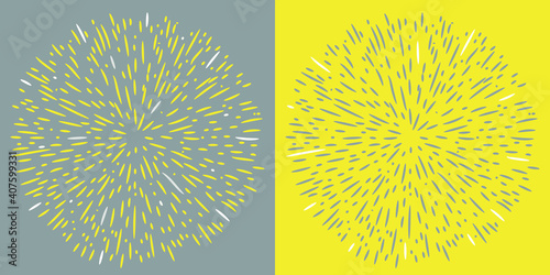 Explosion effect of random radial black, gray and yellow lines. Illuminating and Ultimate gray. Floral abstract circular pattern. Vector illustration