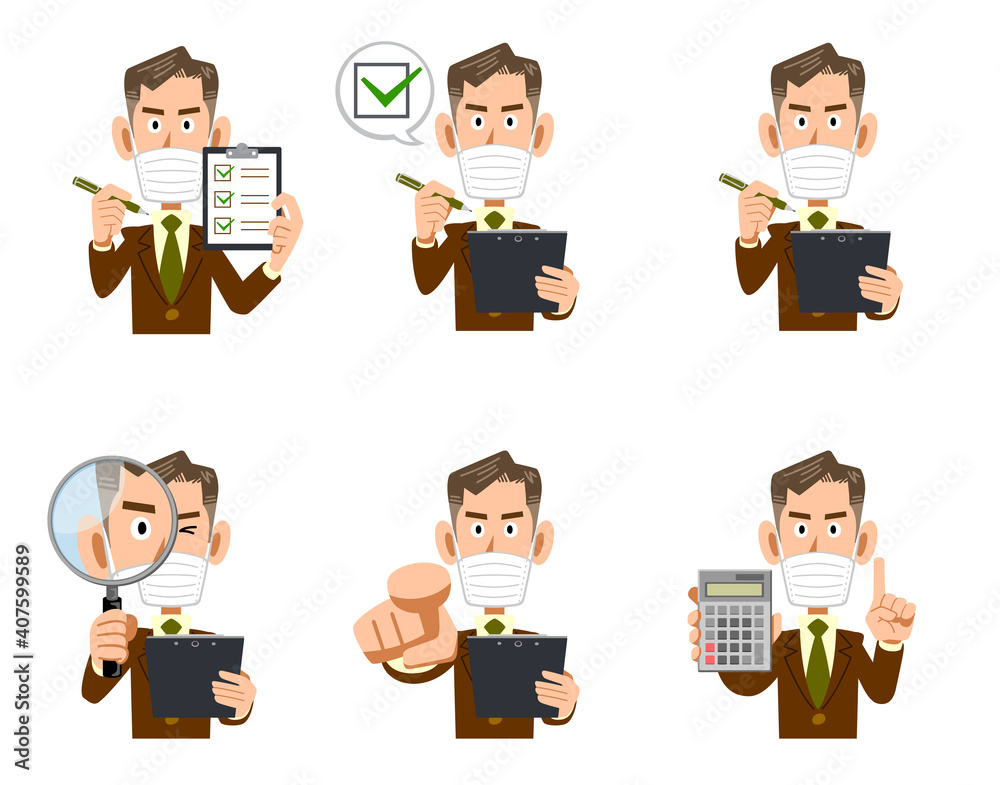 チェックリストや虫眼鏡を持つマスクを着用した年配のビジネスマンの上半身のイラストセット
