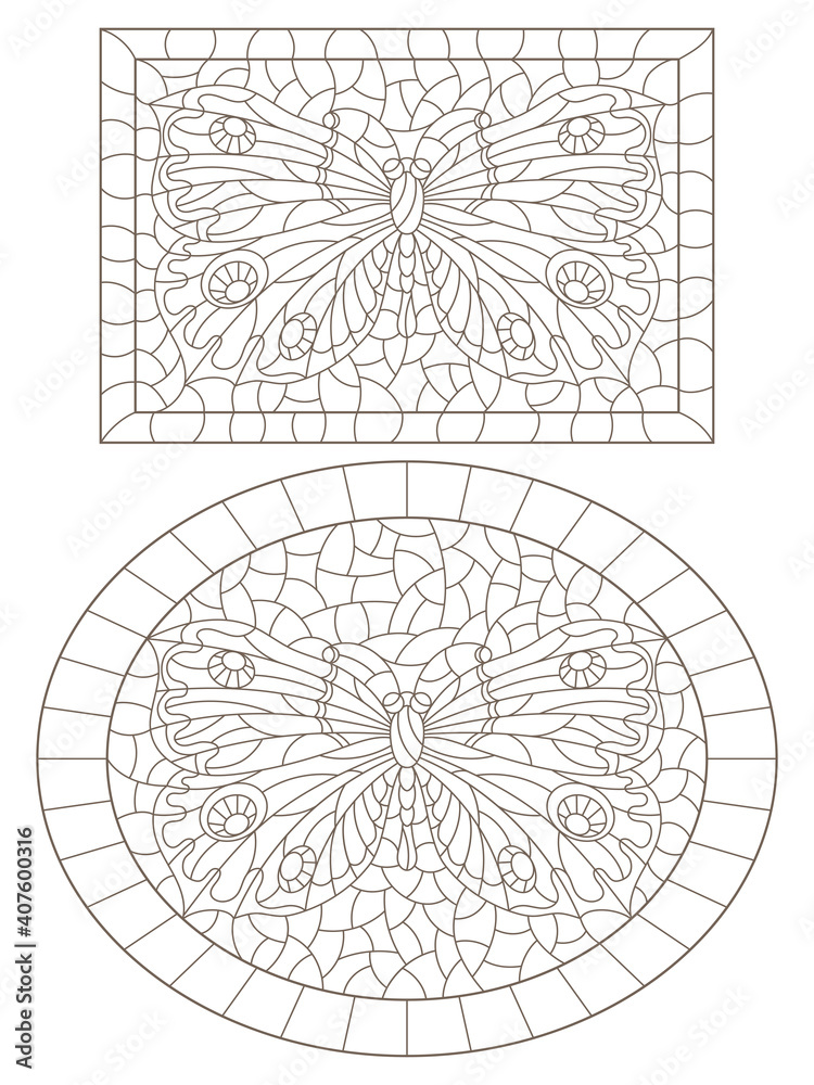 Set of contour illustrations in stained glass style with butterflies in frames, dark contours on a white background