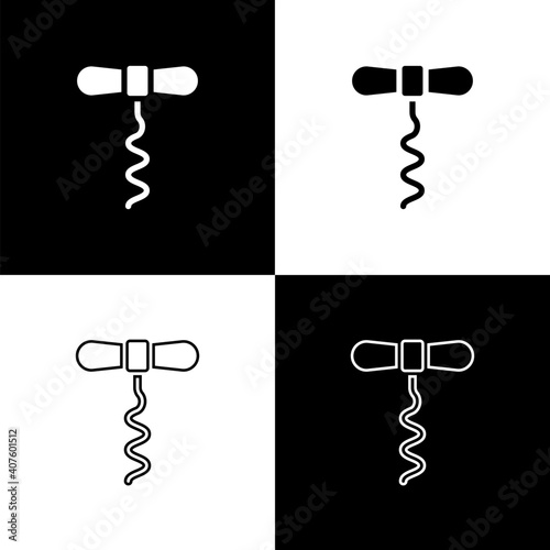 Set Wine corkscrew icon isolated on black and white background. Vector.