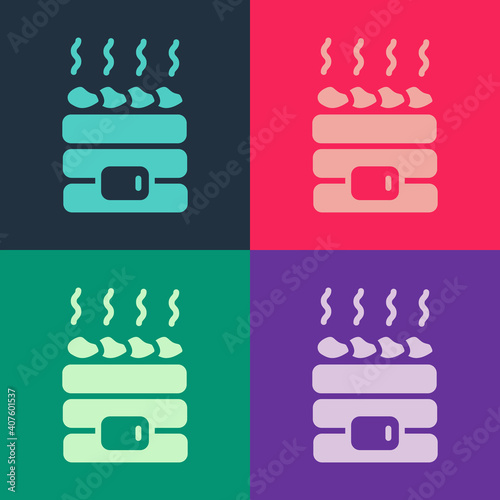 Pop art Hot sauna stones icon isolated on color background. Spa resort recreation, bathhouse relaxation. Hot stones on electric heater. Vector.