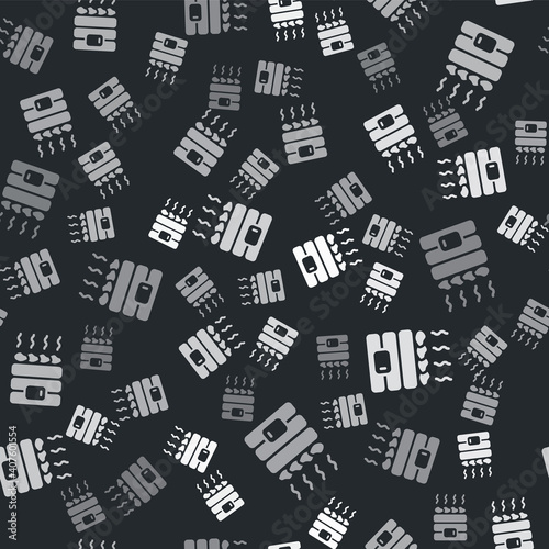 Grey Hot sauna stones icon isolated seamless pattern on black background. Spa resort recreation, bathhouse relaxation. Hot stones on electric heater. Vector.