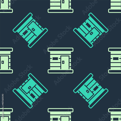 Green and beige Sauna wooden bathhouse icon isolated seamless pattern on blue background. Heat spa relaxation therapy bath and hot steam healthcare, relax therapy. Vector.