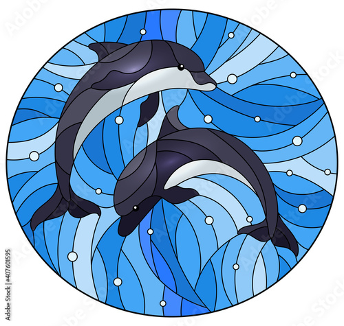 Illustration in the style of stained glass with two  dolphins on a water background  and air bubbles, oval image