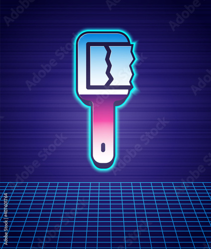 Retro style Sauna brush icon isolated futuristic landscape background. Wooden brush with coarse bristles for washing in the bath. Anti cellulite massage. 80s fashion party. Vector.