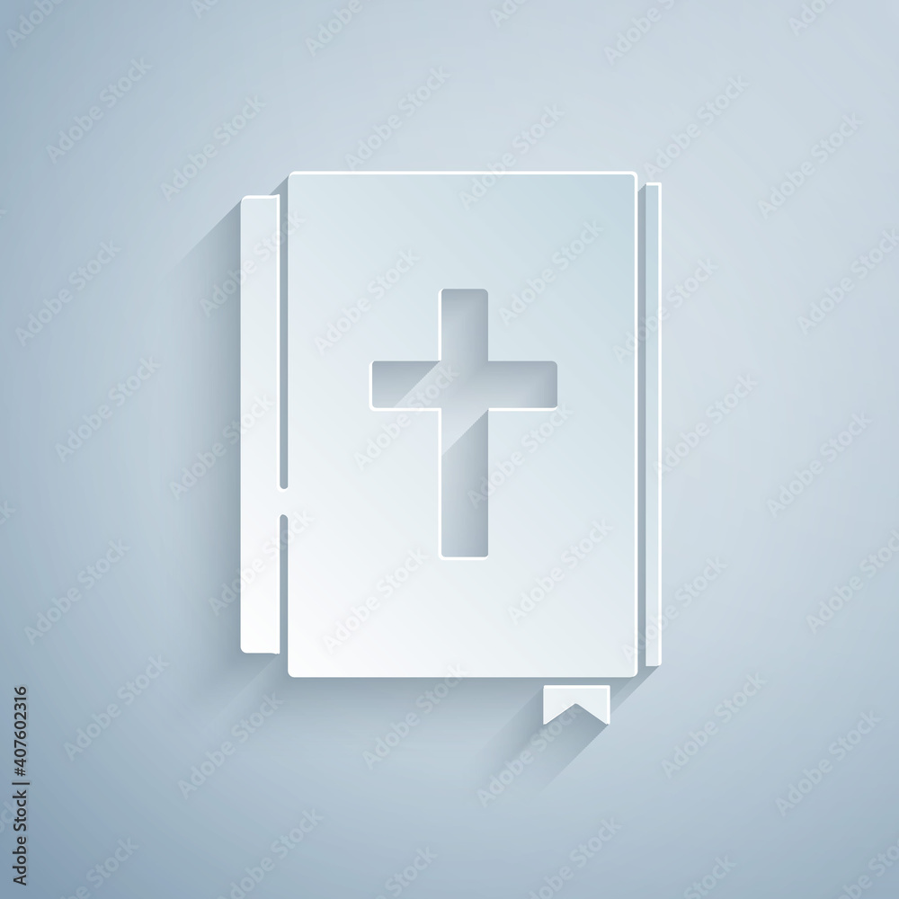 Fototapeta premium Paper cut Holy bible book icon isolated on grey background. Paper art style. Vector.