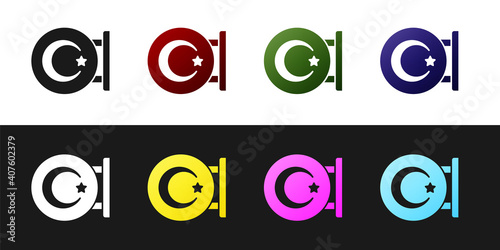 Set Star and crescent - symbol of Islam icon isolated on black and white background. Religion symbol. Vector.