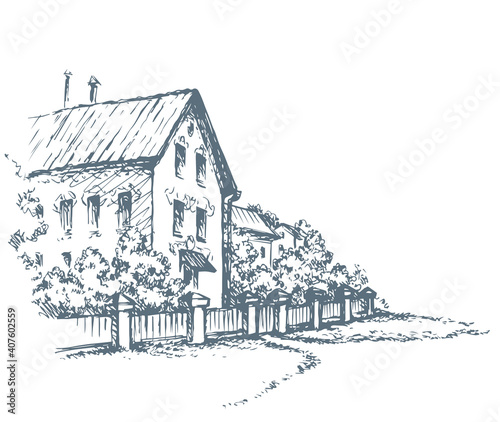 Cozy rural house. Vector sketch