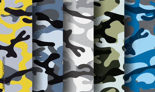 Military camouflage seamless pattern. Big set. Khaki texture. Trendy background. Abstract color vector illustration. For design wallpaper, fabric, wrapping paper.