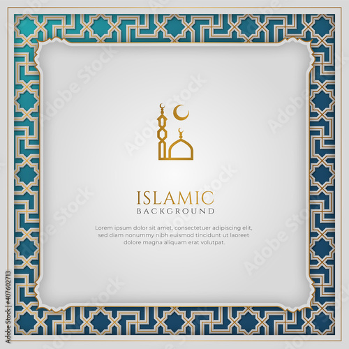 Blue and White Luxury Islamic Background with Decorative Ornament Frame and Copy Space for Text