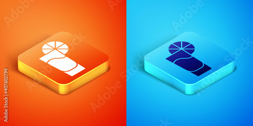 Isometric Tequila glass with lemon icon isolated on orange and blue background. Mexican alcohol drink. Vector.