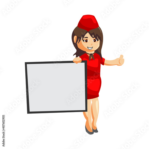 Flying attendants air hostess Profession stewardess with blank board cartoon character illustration