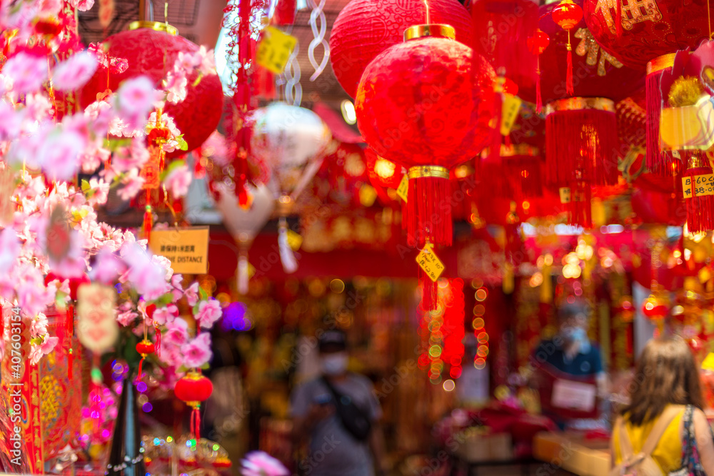 Outdoor Asia Spring Lunar Chinese Nee Year ornaments decorations. Red is seen as lucky and auspicious by many who believes in traditional customs.