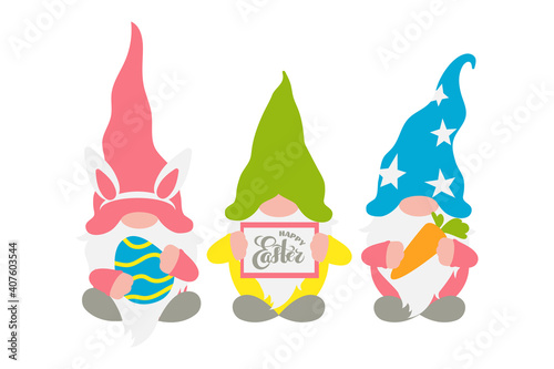 Easter gnomes, three Scandinavian gnomes in pastel colors with a chocolate easter egg, rabbit ears, carrot, and frame with hand lettering Happy Easter. Fun spring art, cute flat character for holiday