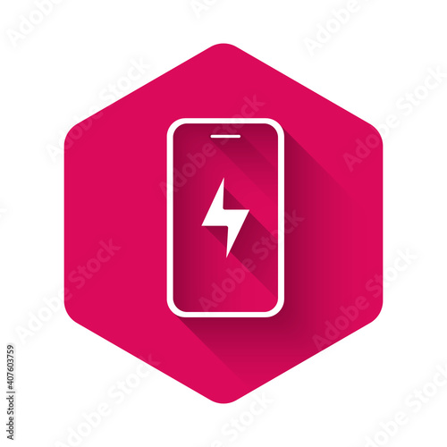 White Smartphone charging battery icon isolated with long shadow background. Phone with a low battery charge. Pink hexagon button. Vector. Free Download White Smartphone charging battery icon isolated with long shadow background. Phone with a low battery charge. Pink hexagon button. Vector. - GFXLoad