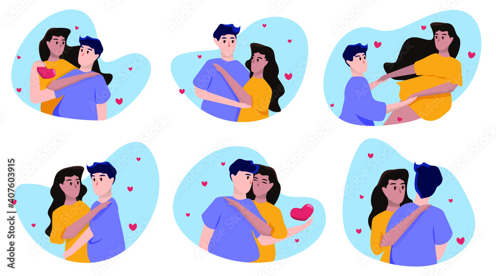 Enamored man and woman in love. Set of loving couples for Valentine's Day in blue spots isolated on white background. Vector illustration Enamored man and woman in love. Set of loving couples for Valentine's Day in blue spots isolated on white background. Vector illustration