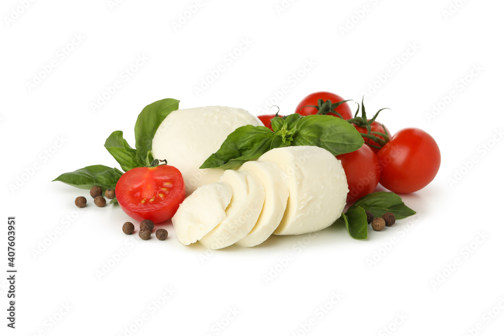 Mozzarella cheese, pepper, tomato and basil isolated on white background