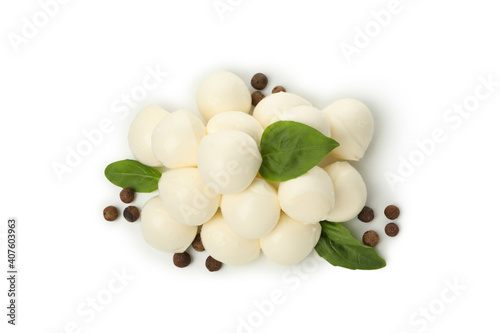 Mozzarella cheese, pepper and basil isolated on white background