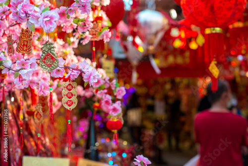 Outdoor Asia Spring Lunar Chinese New Year ornaments decorations. Red is seen as lucky and auspicious by many who believes in traditional customs. Translation  Spring  Wealth Fortune Good Luck 