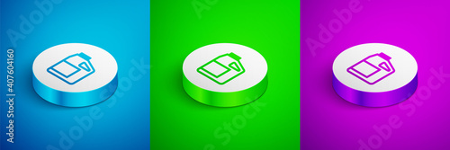 Isometric line Canister for motor machine oil icon isolated on blue,green and purple background. Oil gallon. Oil change service and repair. Engine oil sign. White circle button. Vector.