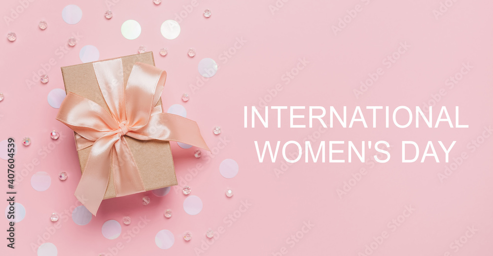 Gifts on pink background, love and valentine concept with text International Womens Day