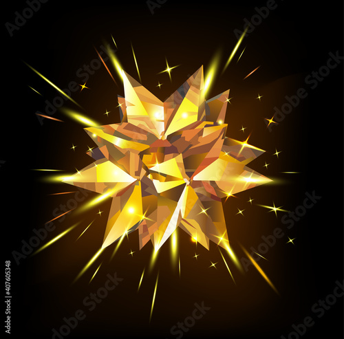 Gold star on a black background. Crystal. Vector illustration.
