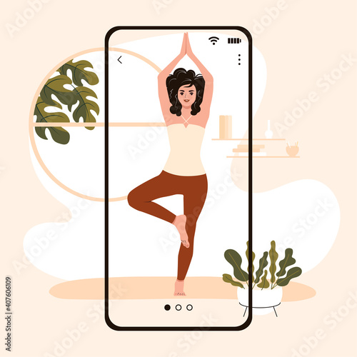 Woman doing yoga exercises. Wellness and healthy lifestyle. Yoga online concept on smartphone at home. Vector illustration.