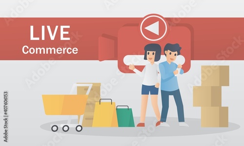 Live commerce video,live streaming online selling,Influencer marketing,blogger woman and man recording review product by camera and smartphone,viral internet social media interacting to audience.