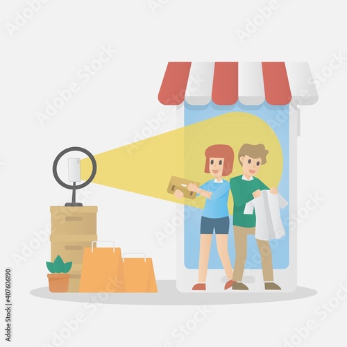 Live commerce video,live streaming online selling,Influencer marketing,blogger woman and man recording review product by camera and smartphone,viral internet social media interacting to audience.