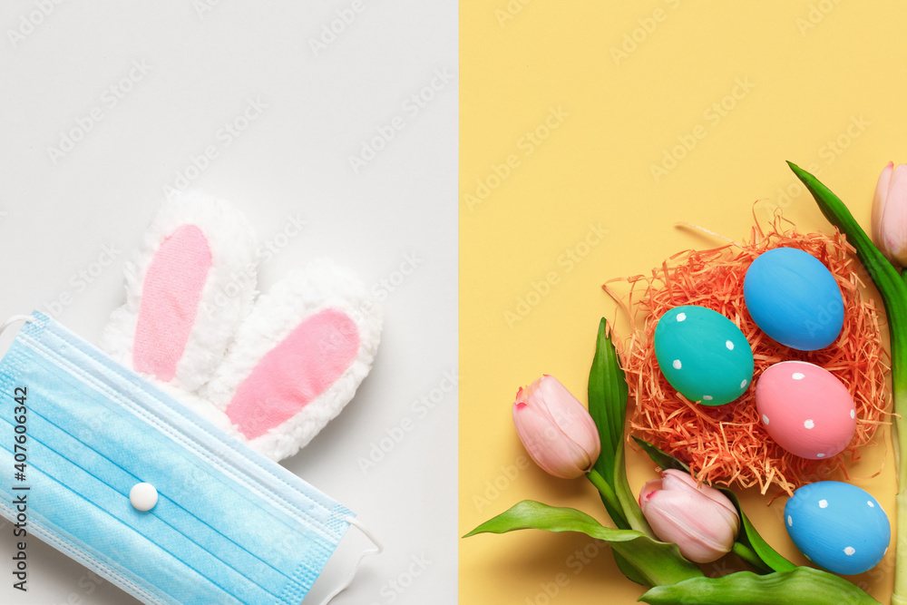 Happy easter. Multicolored eggs in a nest, tulips and rabbit ears with a protective mask on a gray and yellow background.