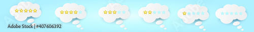 White chat cloud with a set of stars on a pastel blue background. Rated from five stars to one star and a blank rating review. Customer experience and feedback concept.
Vector illustration.