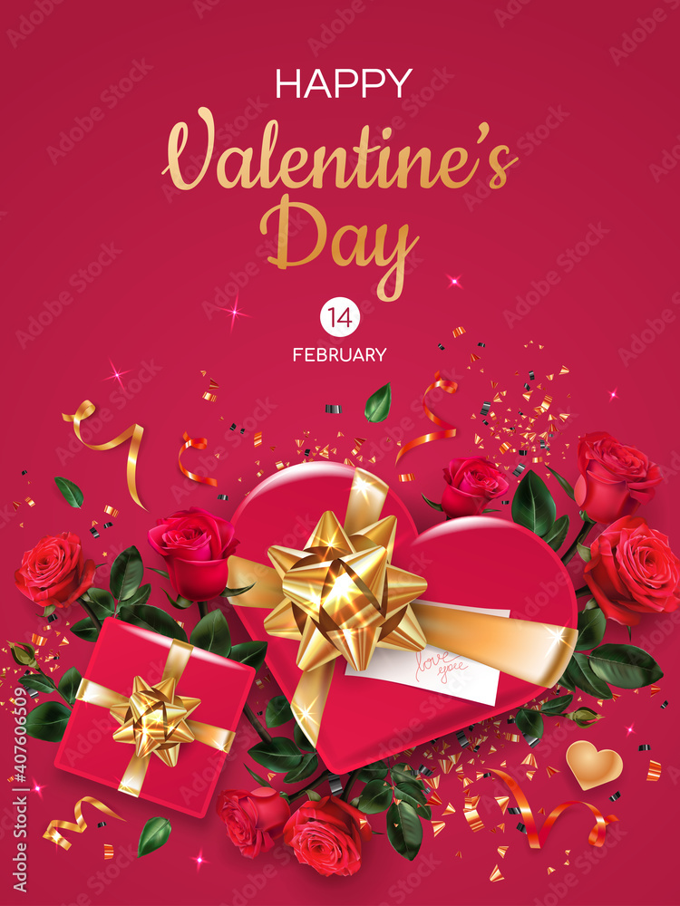Vertical Valentine's Day greeting card template. Pink gifts boxes and flowers on pink background. Symbols of holiday - Roses, heart, ribbons and tinsel. Vertical Valentine's Day greeting card template. Pink gifts boxes and flowers on pink background. Symbols of holiday - Roses, heart, ribbons and tinsel.