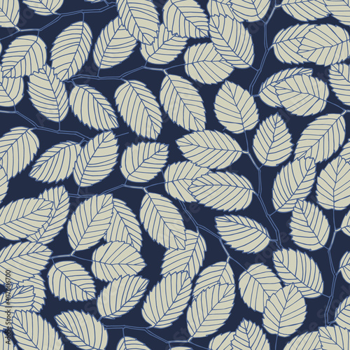 Seamless pattern with elm tree branches and leaves on dark blue background for surface design and other design projects. Realistic line art