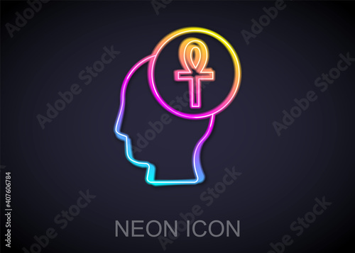 Glowing neon line Cross ankh icon isolated on black background. Vector.