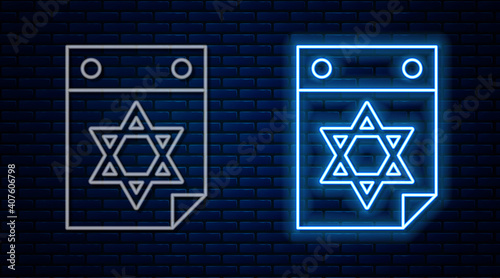Glowing neon line Jewish calendar with star of david icon isolated on brick wall background. Hanukkah calendar day. Vector.