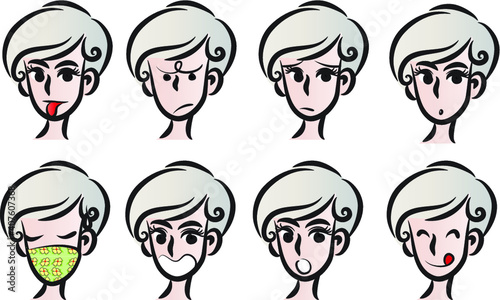 vector cartoon short grey hair beauty emoji set