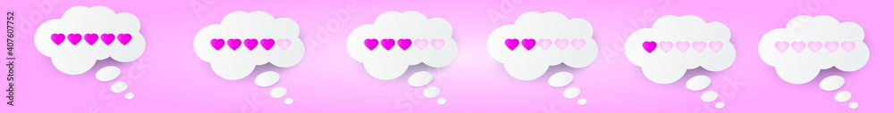White chat cloud with many hearts on a pastel pink background. A score of five to one and an empty rating. Customer experience and feedback concept.
Vector illustration.